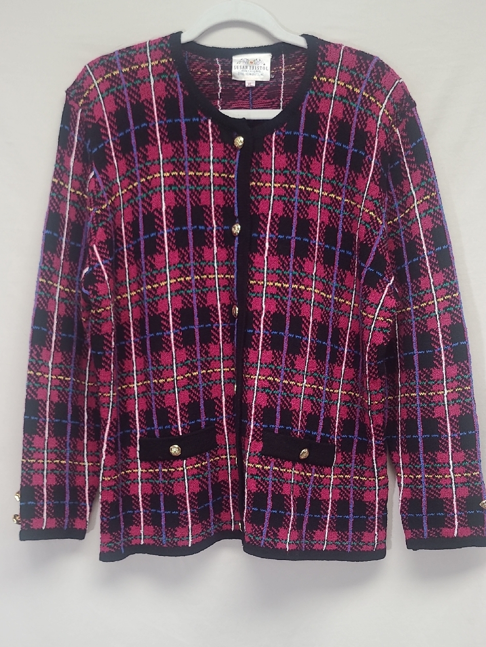 Vintage Susan Bristol Plaid Cardigan Sweater XL Wool Blend Preppy
